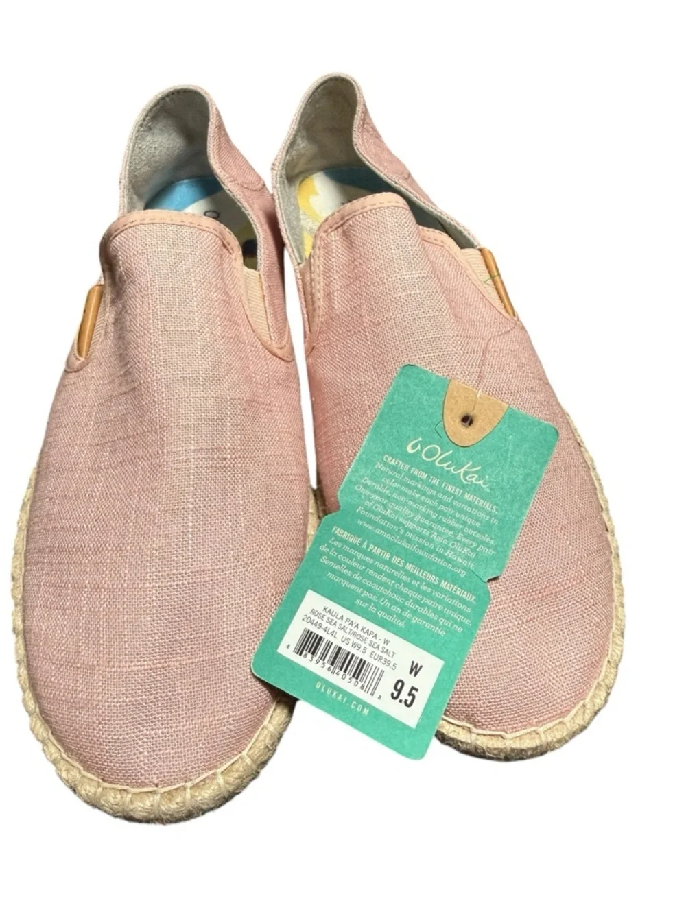 OluKai Kaula Pa’a Kapa Slip-On Espadrille Flats Pink Linen Womens 9.5